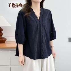 子牧棉麻 2026夏 法式镂空花边V领宽松衬衫 藏青色