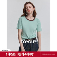 初语 复古美式短袖针织衫女2025夏季撞色嵌线圆领小衫显瘦上衣 湖蓝色 S