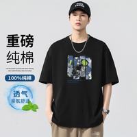 大嘴猴 重磅落肩款夏季新款纯棉圆领短袖宽松潮流透气T恤男 黑色 S