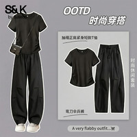 Baleno/班尼路 抽褶正肩短袖弯刀伞兵裤套装 女 夏季休闲两件套 黑色 L