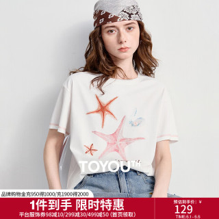 初语 T恤女2026夏季新款不对称交叠绑带宽松连袖字母海星上衣 米白色 M
