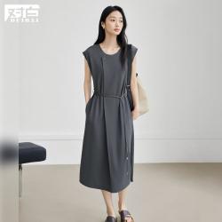 DUIBAI 夏装简约通勤风圆领无袖连衣裙高级感气质显瘦女式中长裙