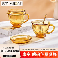 VISIONS 琥珀色早餐杯玻璃杯燕麦牛奶杯家用带盖勺子咖啡杯2杯2盖2勺