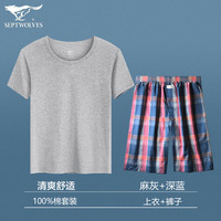 七匹狼 睡衣男纯棉家居服套装 灰色短袖+深蓝中裤 XL (175) (建议125-145斤)