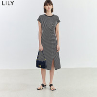 LILY 夏新款女装复古条纹通勤款休闲修身连衣裙女 510黑