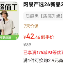网易严选 限时1小时！280g重磅 10A抗菌新疆棉纯棉短袖 男女同款