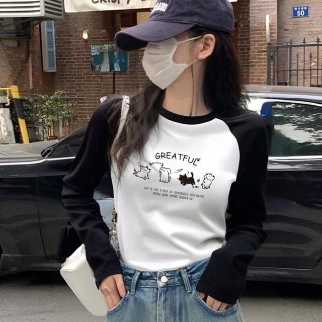 限尺码：唐狮 春秋针织线条动物图案插肩长袖T恤女内搭上衣百搭打底衫
