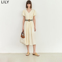 LILY 2024夏女装天丝复古浪漫泡泡袖设计感压褶气质V领连衣裙 601白色 M