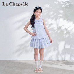 Lc La Chapelle 拉夏贝尔套装女童夏季蓝色娃娃领清爽透气上衣服裤子女生短袖短裤