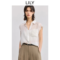 LILY 商场同款2025夏女装莱赛尔混纺蕾丝绣花休闲小飞袖衬衫 604米白