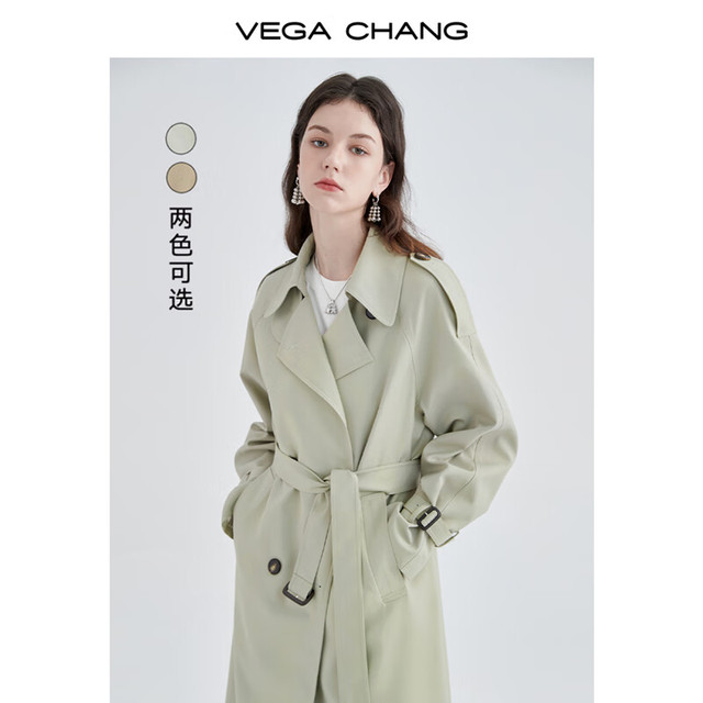 VEGA CHANG 2024风衣女中长高级感大衣小个子英伦风外套春装 豆沙绿（长款） L