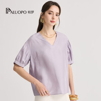 PALUOPO/帕罗 灰紫色泡泡袖真丝短袖T恤 M