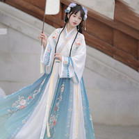 凯恋 汉服唐制对襟上衣齐胸襦裙 花间翎蓝色印花三件套