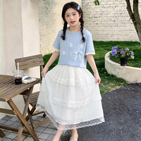开米熊 女童连衣裙2026新款夏装中大童洋气网红夏季超好看裙子两件套装潮 蓝色套装 (上衣+裙子) 160