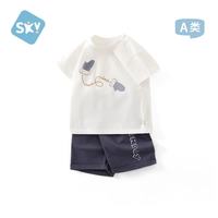 舒贝怡 婴儿衣服儿童短袖套装夏季休闲T恤短裤两件套宝宝外出服蓝色90