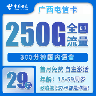 中国电信 广西卡 29元月租（250G全国流量＋300分钟通话）