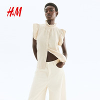 H&M 女装衬衫夏季气质飞袖棉细布上衣潮流款木耳边领衬衫