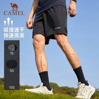 骆驼 运动速干短裤男士2025夏季薄休闲五分裤女 黑色，男，J0S2U8123-2 L