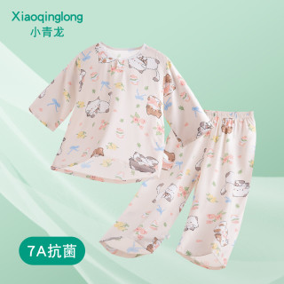 小青龙 夏季儿童睡衣男童女童宝宝绵绸小孩八分薄款空调套装 花朵猫咪（女宝宝） 110 (建议100-110cm)