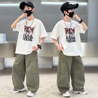 开米熊 男童夏季套装2026新款中大童衣服夏日男孩短袖长裤儿童夏装两件套 白色套装 150 码建议身高140cm左右