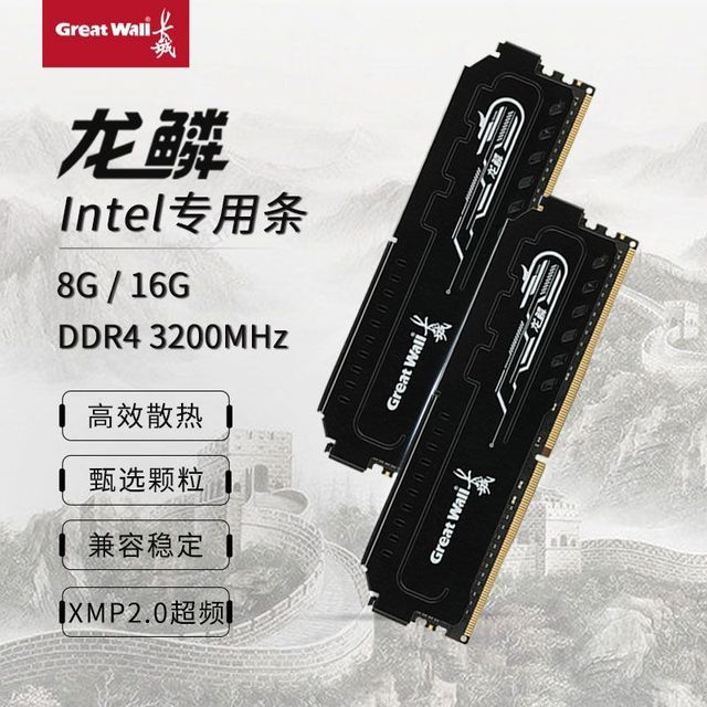 长城 龙鳞ddr4黑金内存条8/16g马甲条3200/32G黑色套装Intel专用条
