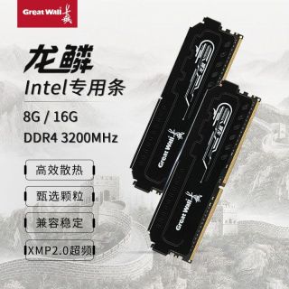 百亿补贴：长城 龙鳞ddr4黑金内存条8/16g马甲条3200/32G黑色套装Intel专用条