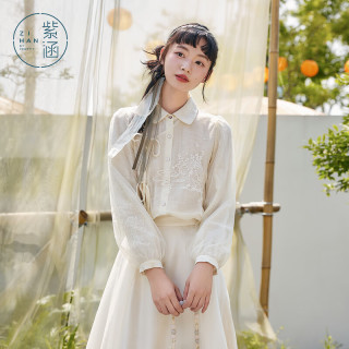 紫涵 新中式绣花长袖衬衫女秋季肌理感提花翻领衬衣 皦玉白 超值