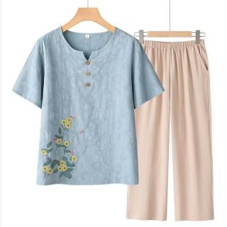 QITA 妈妈夏季短袖套装奶奶两件套中老年大码棉麻T恤上衣休闲老人衣服