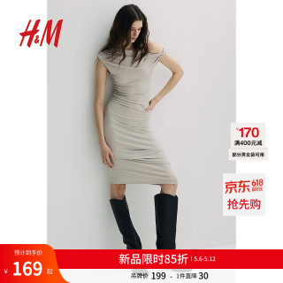 H&M 女装连衣裙夏季斜肩型修身显瘦无袖掐腰扭结单肩礼服裙1265423