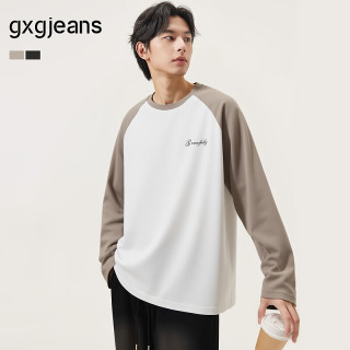 gxgjeans 超值清仓 美式撞色拼接插肩袖时尚宽松圆领卫衣 白色/卡其色