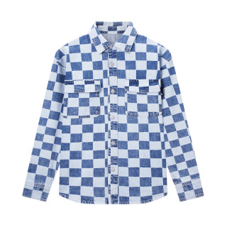 gxgjeans 超值清仓 美式翻领长袖衬衣棋盘格牛仔衬衫 蓝色