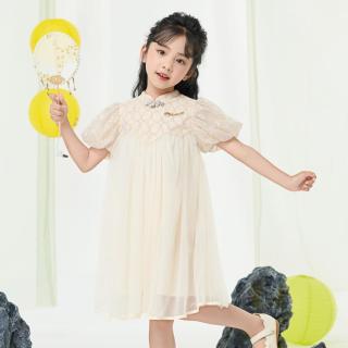 迪士尼 夏季女童气质珍珠盘扣泡泡袖网纱连衣裙