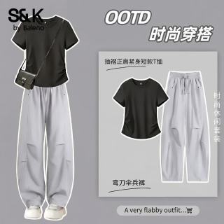 班尼路 抽褶正肩短袖弯刀伞兵裤套装黑#纯色+浅灰#纯色 多色可选