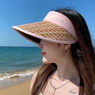 CMSQ彩虹编织帽子女时尚空顶帽 彩虹草编空顶帽-（粉色）