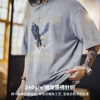 MADEN/马登 美式复古印花做旧仿蜡染圆领落肩短袖T恤