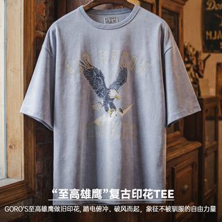 MADEN/马登 美式复古印花做旧仿蜡染圆领落肩短袖T恤