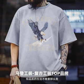 MADEN/马登 美式复古印花做旧仿蜡染圆领落肩短袖T恤