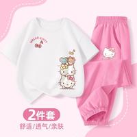 Hello Kitty 儿童套装两件套夏季新款女童短袖防蚊裤夏装女孩T恤圆领半袖长裤