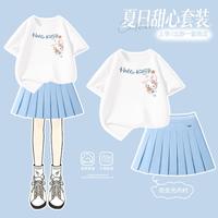 Hello Kitty 女童短袖T恤夏季半身裙儿童学院风JK短裙套装中大童甜美百褶裙