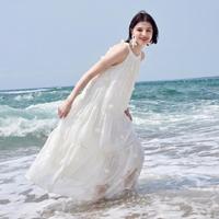 秋水伊人 2026年雪纺氛围感宽松A字挂脖花朵中长裙