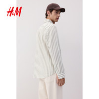 H&M 男士衬衫 米灰色条纹 长袖标准版型 175/100 M