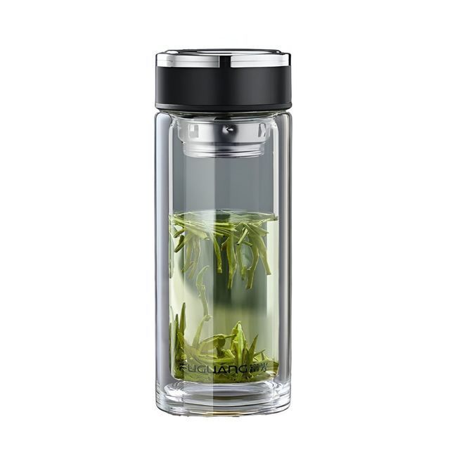 富光 高硼硅双层玻璃茶杯 500mL 加厚杯底 不锈钢回流杯盖