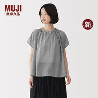 無印良品 MUJI 女式 强捻 法国袖罩衫  女士衬衫T恤女装 26年春夏新品 BC2QFA6S 黑色格纹 M (160/84A)