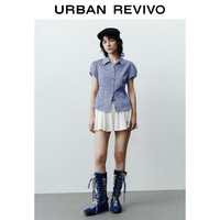 URBAN REVIVO 夏季复古撞色格纹开襟衬衫 蓝色 XL