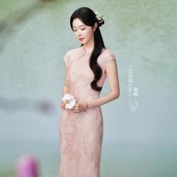 三彩 山樱花落 26夏款中式连衣裙提花剪花A字裙旗袍C
