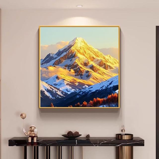 背有靠山日照金山油画