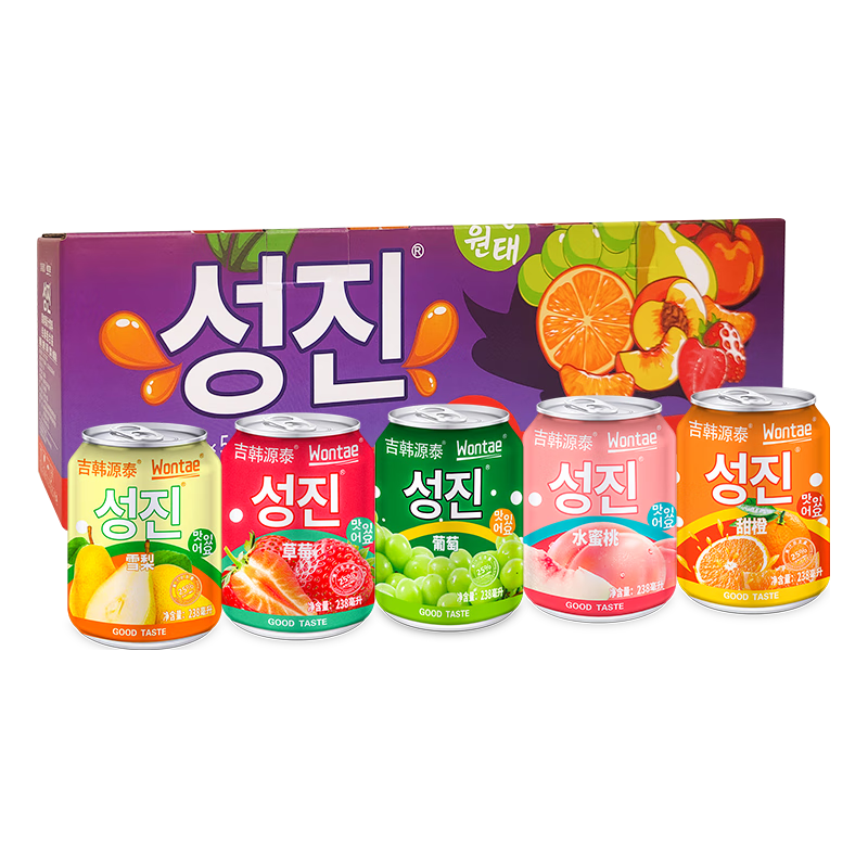 Wontae 韩式风味含25%果汁果肉饮料 葡萄草莓混合口味 238ml*5罐