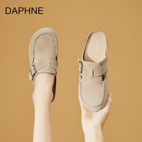 DAPHNE/达芙妮 牛皮复古文艺风圆头搭扣深口单鞋 卡其色 40