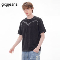 gxgjeans 做旧感复古美式宽松圆领短袖T恤 黑灰色 XL
