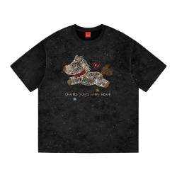 CHARLES JANG'S HAPPY HEART 扎染小马印花 纯棉圆领短袖T恤 黑色 3XL